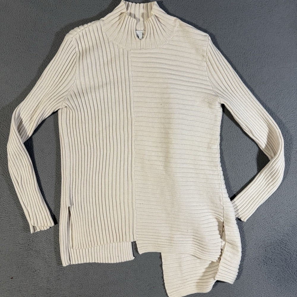 CAbi Women's Small D Ring Pullover Ribbed Sweater Cream Asymmetrical Small